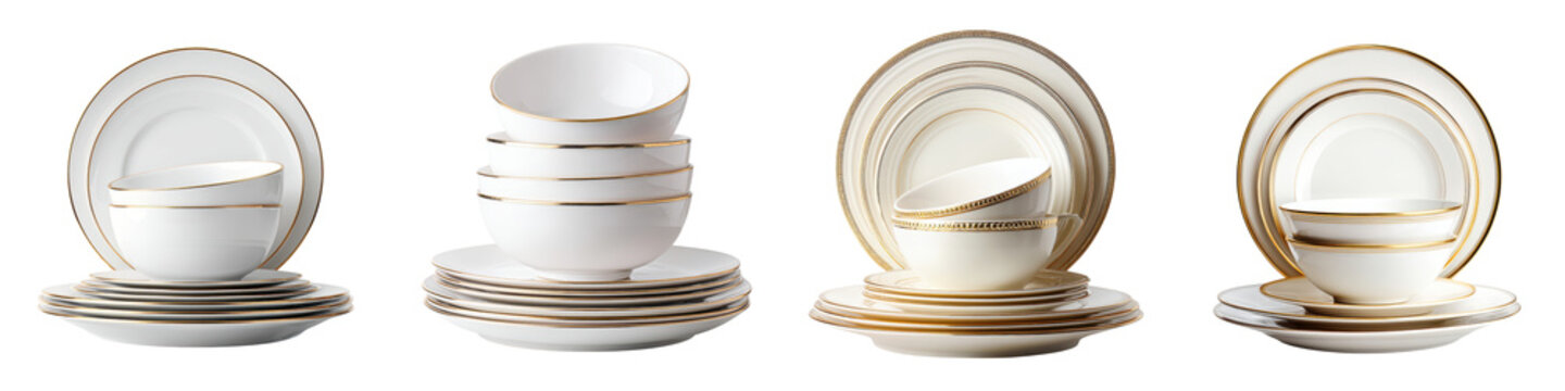 Elegant porcelain tableware set with golden accents, showcasing a refined design of plates and bowls stacked neatly, perfect for luxurious dining experiences and festive occasions