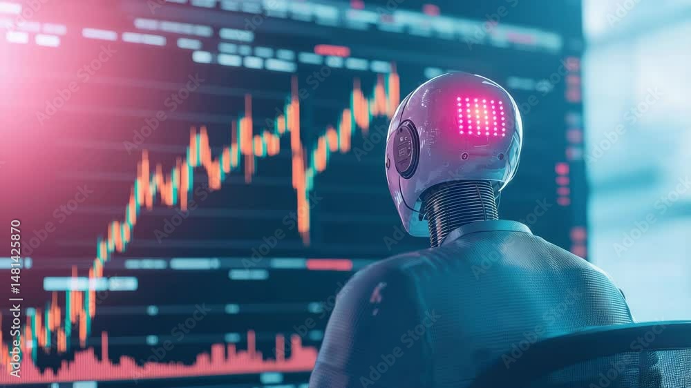 Poster futuristic robot analyzing financial data on a screen.