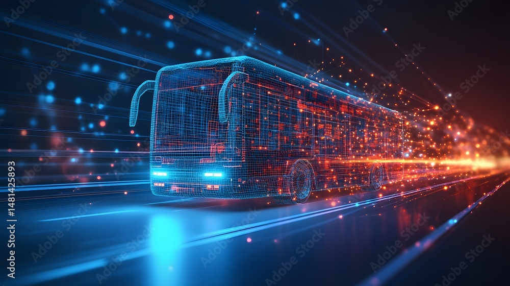 Fototapete Futuristic bus hurtles forward, leaving trails of energy. A dynamic wireframe design against a reflective surface evokes speed and technological prowess. Abstract wireframe in dark blue