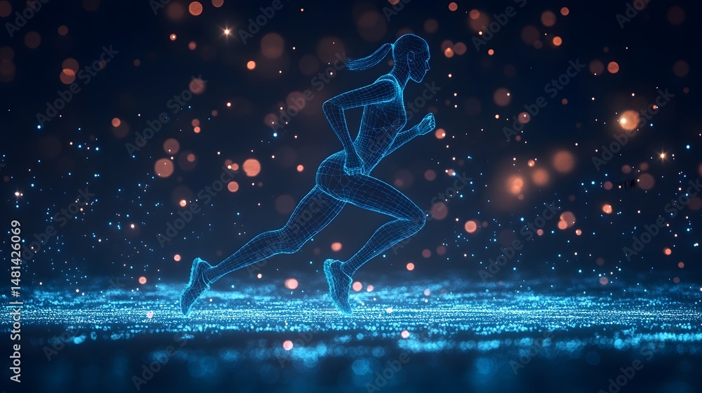 Aufkleber dynamic wireframe of a female runner against a bokeh-lit dark backdrop. represents speed, technology