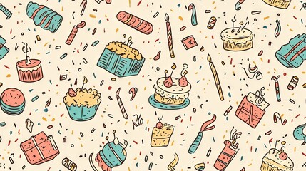 Dynamic celebration pattern, hand illustrated party items, floating cake designs, wrapped gift illustrations, balloon cluster drawings, party streamer doodles, festive decoration elements, continuous