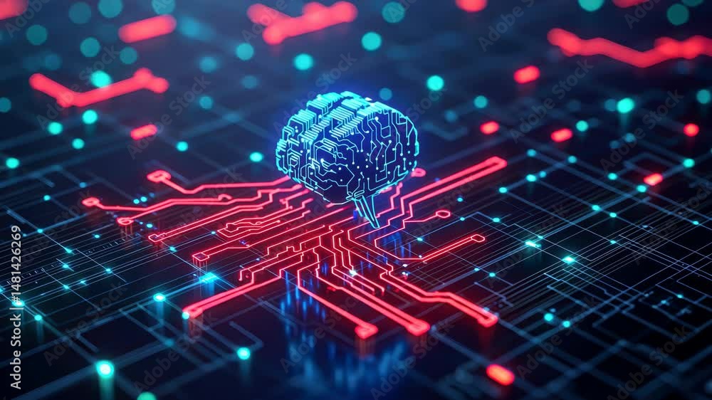Poster digital brain on a circuit board with glowing elements.