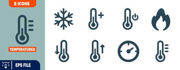 Vector Set of 8 Temperature Icons Thermometer, Snowflake, Fire, and More