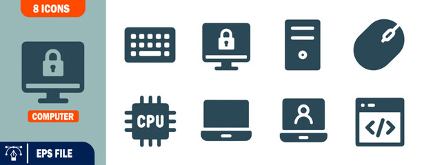 Computer Icons Set  8 Modern Flat Design Symbols for Web and App Development