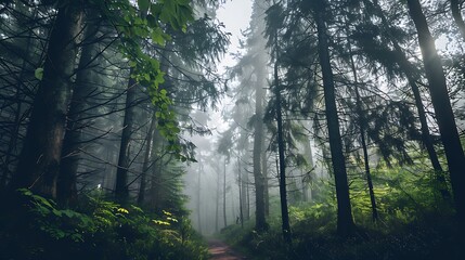 Fototapeta premium Lush Forest Scene with Sunlight Streaming through Mist and Greenery