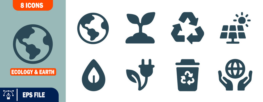 Ecology and Earth Icon Set 8 Sustainable Icons for Green Living and Environmental Conservation