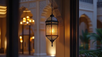 Illuminated Moroccan Lantern in a Luxurious Hotel Lobby