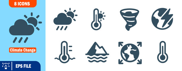Climate Change Icon Set 8 Flat Glyph Icons of Global Warming, Extreme Weather, and Environmental