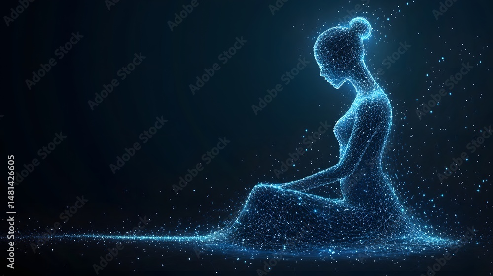 Poster digital woman meditating, represented by interconnected blue points and lines against a starry backg