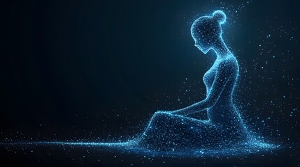 Digital woman meditating, represented by interconnected blue points and lines against a starry background. Conceptual art for inner peace and technology. Abstract wireframe in dark blue.
