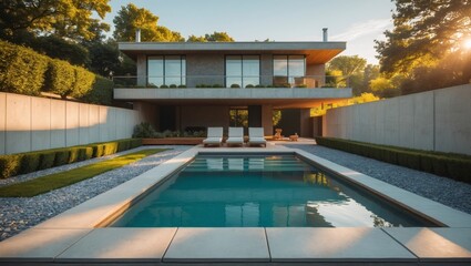 Fototapeta premium Impressive minimalist three-level suburban residence with clean lines and large creating a bright and inviting atmosphere perfect for family living in a welcoming neighborhood