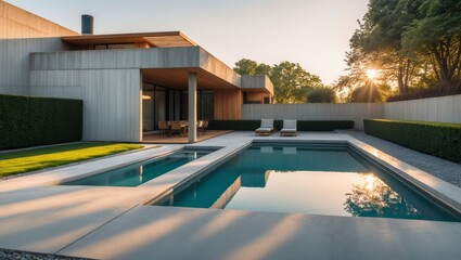 Fototapeta premium Stunning minimalist two-level suburban residence with clean lines and open spaces, perfectly designed for modern living and family gatherings in a serene neighborhood environment
