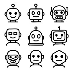 A set of doodle line icons featuring various robot heads with different shapes, expressions, and antenna styles in cartoon outline form