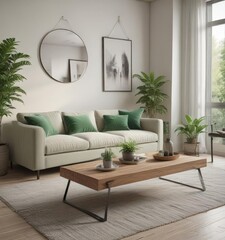 Bright living space, sofa, coffee table, green accents,  interior design,  decor,  yellow