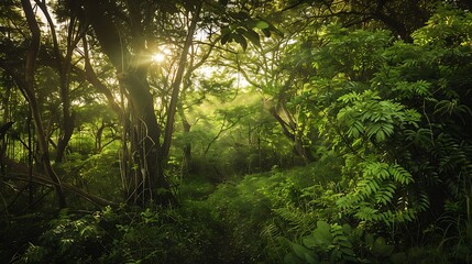 Obraz premium Lush Green Forest Scene with Sunlight Streaming Through Leaves