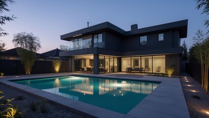 Fototapeta premium A striking modern three-level suburban house showcasing a sleek design with expansive and an inviting front porch surrounded by lush landscaping and vibrant green grass