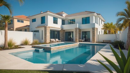 Fototapeta premium A stunning modern three-story suburban home with contemporary design featuring expansive and a charming front porch surrounded by lush green landscaping and a welcoming atmosphere