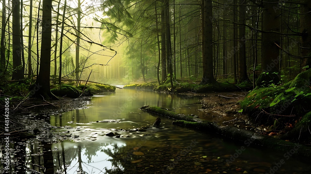 Poster lush green forest with stream and sunlight filtering through trees