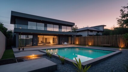 Fototapeta premium Bright and airy modern two-level suburban house with a flat roof design and ample natural light in a quiet neighborhood surrounded by attractive landscaping