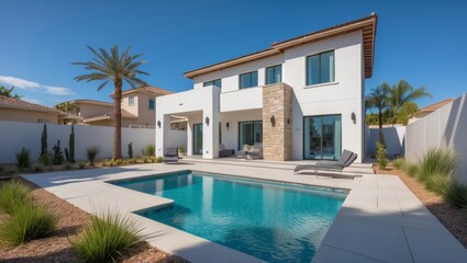 Fototapeta premium Modern two-story suburban house with a comfortable porch and expansive set in a serene neighborhood with well-maintained gardens and lush green surroundings
