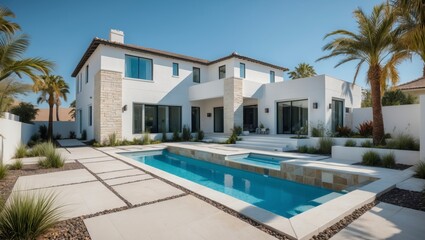 Fototapeta premium Stylish modern two-story suburban home with a cozy porch and contemporary design elements nestled in a family-friendly neighborhood surrounded by natural beauty