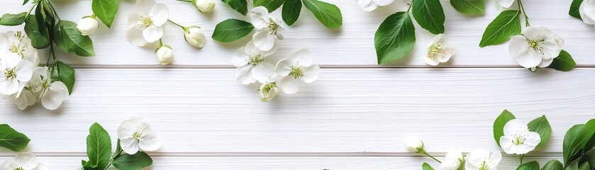 White blossoms and green leaves arranged on a rustic white wooden background overhead shot with soft natural light highlighting the fresh and elegant composition