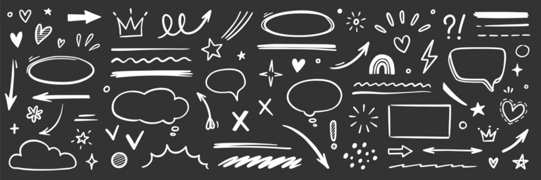 Line hand drawn brush marker arrow, heart shape element chalkboard set. Hand drawn sketch marker underline shape, arrow, star marker brush pen stroke icon heart element. Vector illustration