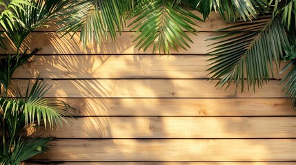 Wooden plank wall with vibrant green palm leaves hanging from the top right corner clean and minimalistic composition with soft natural light