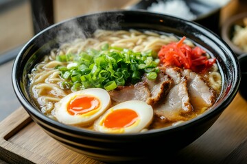 A steaming bowl of Japanese ramen with rich tonkotsu broth, tender chashu pork, soft-boiled egg, and fresh green onions, served in a ceramic bowl, created by ai
