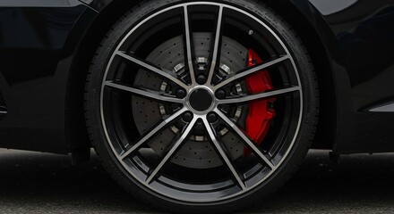 Sleek car wheel red brakes shining