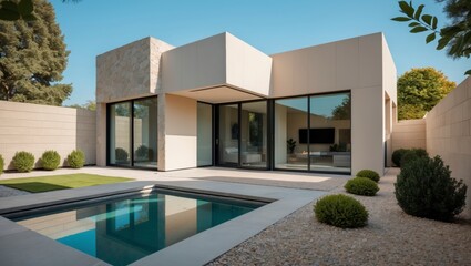 Fototapeta premium Elegant soft beige modern house with geometric architecture and inviting front porch set in a beautifully landscaped suburban neighborhood ideal for comfortable family living