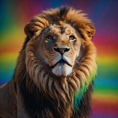 Fototapeta premium Cute Cartoon Lion with Multicolor Rainbow Line Work.