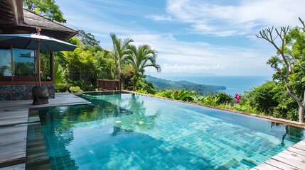 Luxury Pool With Ocean View And Green Tropical Landscape Under Blue Sky