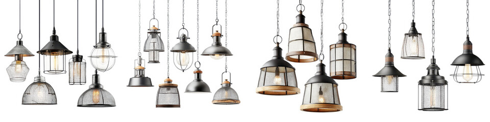 Fototapeta premium Stylish, modern pendant lights showcasing a blend of industrial and vintage designs, featuring diverse shapes, patterns, and materials, perfect for enhancing contemporary interiors