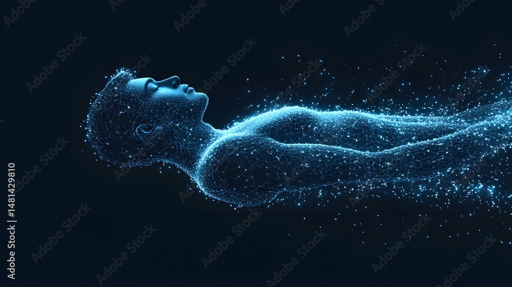 Aufkleber Abstract wireframe human figure glowing in the dark. A stylized digital representation of consciousness, technology, and artificial intelligence. Abstract wireframe in dark blue
