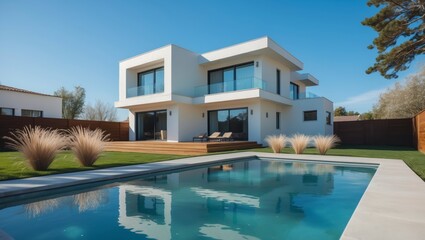 Fototapeta premium Elegant three-story modern suburban house featuring an expansive design with large , a welcoming entrance, and a beautifully maintained yard surrounded by lush greenery and blue skies
