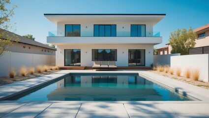 Fototapeta premium Beautiful three-story modern suburban house with large , welcoming entrance, and lush landscaping creating an inviting atmosphere under clear blue skies and bright sunshine