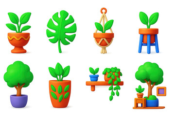 Indoor plants 3d icons set &ndash; vibrant, botanical, houseplant symbols for decor
