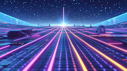 A retro-futuristic 80s-style glowing grid with vibrant neon blues, purples, and pinks stretching toward a glowing digital horizon.