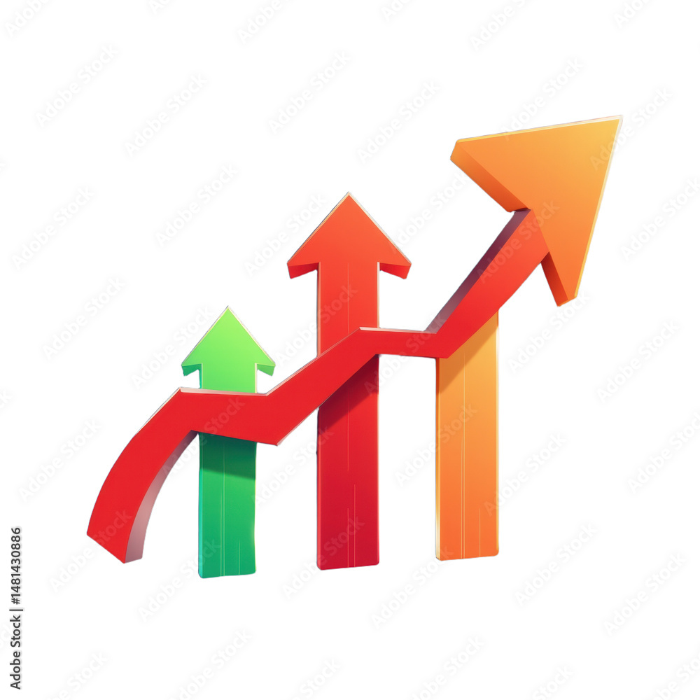 Aufkleber three colorful upward arrows with a rising graph line indicating growth and progress.