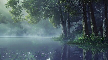 Misty Forest Lakeside Scene With Reflections Sunlight and Green Hues