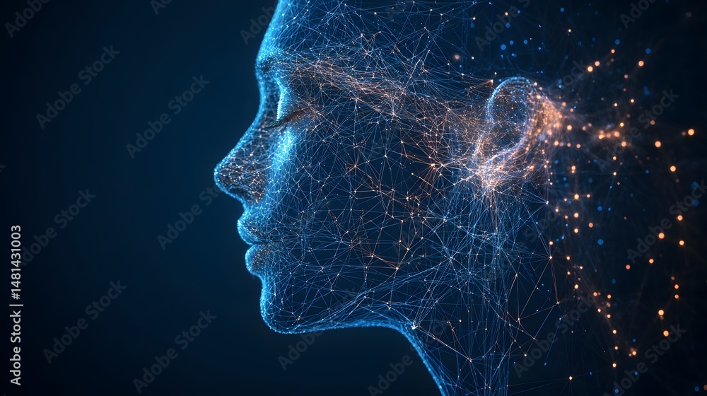 Fototapete Abstract wireframe face in dark blue depicts artificial intelligence and interconnectedness. Neural network visualization represents the human mind's complexity.Abstract wireframe in dark blue