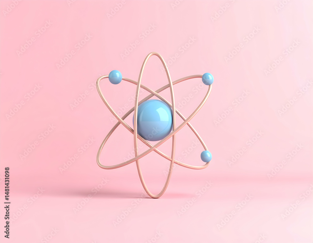 Aufkleber atom model icon representing atomic structure in pink background with blue nucleus and gold orbitals