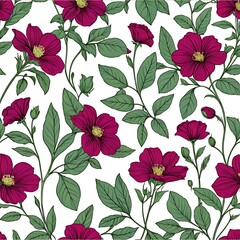 Crimson Floral Pattern: A vibrant and elegant seamless pattern featuring dark pink flowers and green leaves, perfect for textile design, wallpaper, and various creative projects.