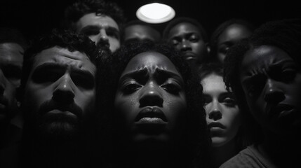 multiracial group staring into camera