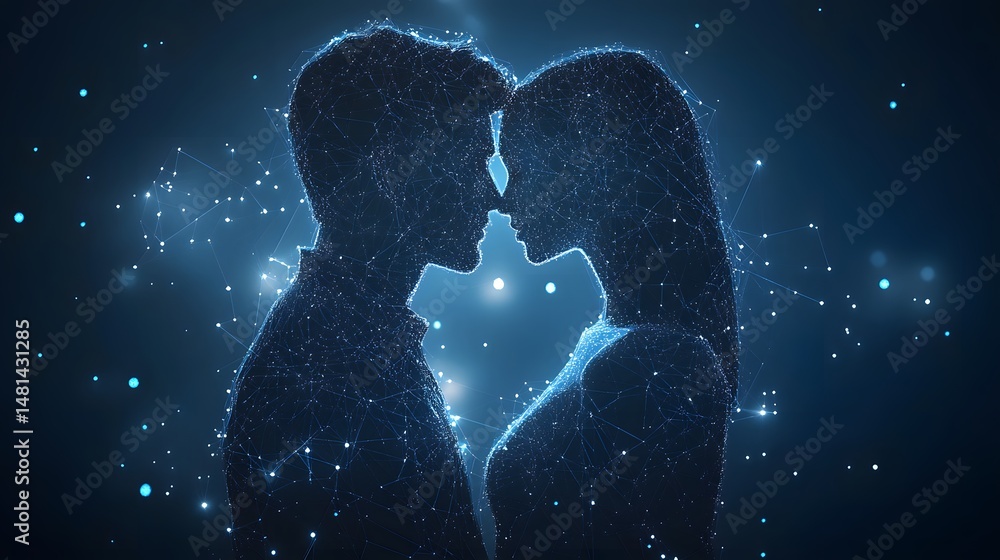 Poster connected couple in digital embrace. glowing dots and lines depict intimacy, suggesting deep connect