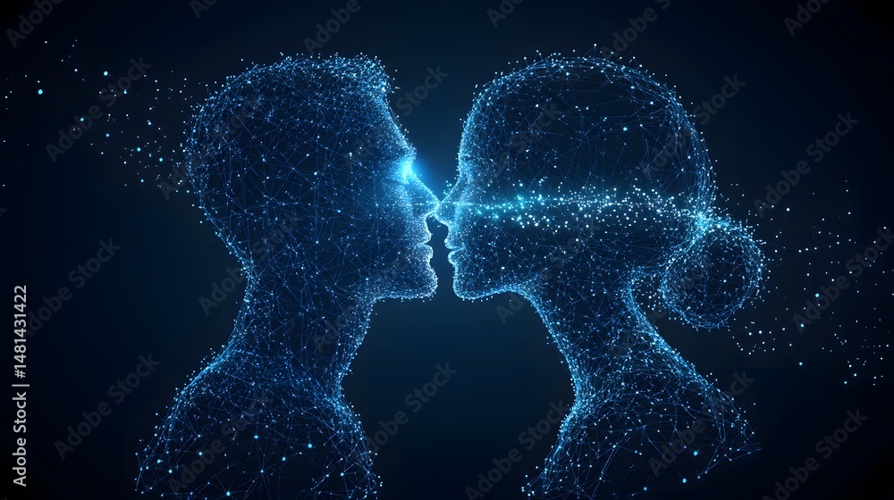 Poster digital love and connection. a networked couple shares a moment of intimacy, their bond represented 