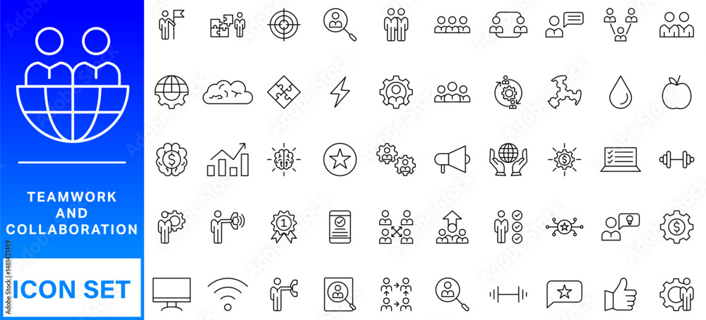 Poster people and teamwork line icons collection. big ui icon set in a flat design. thin outline icons pack