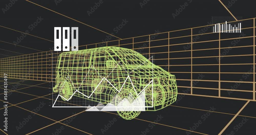 Poster neon green 3d wireframe suv model rotating inside dark grid chamber, displaying faint data graphics