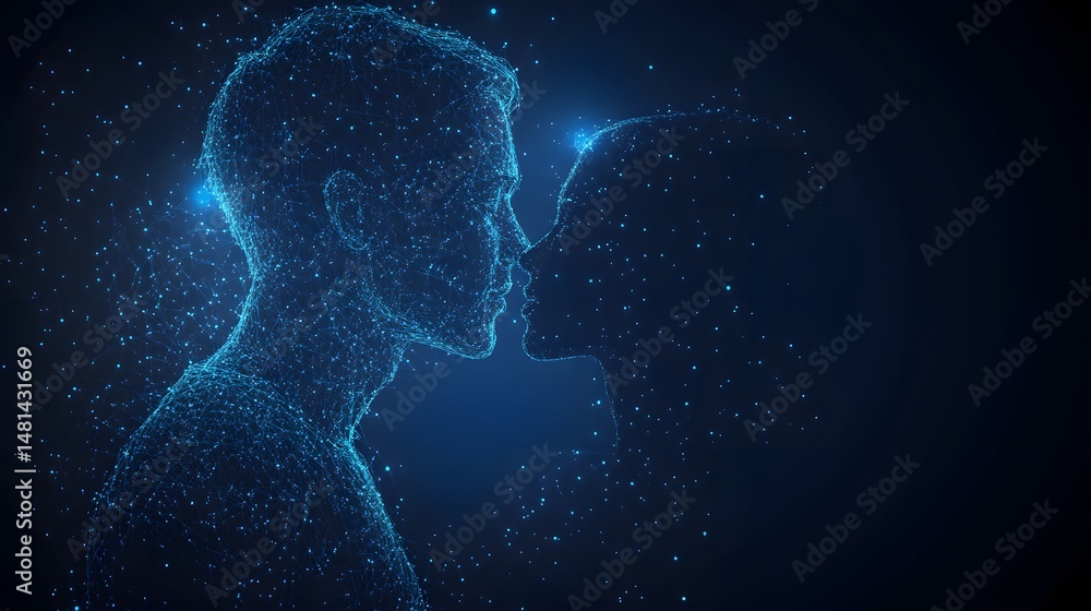 Aufkleber digital romance unfolds as two figures connect in a kiss composed of blue dots and lines against a d
